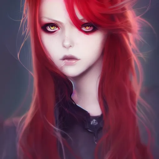 Image similar to facial portrait of a young pretty anime woman, long red hair, dark eyes, gothic eyeliner, character concept art, headshot, Charlie Bowater, Anna Dittmann, WLOP, Rumiko Takahashi, Akihiko Yoshida, Hyung-tae Kim, alexander mcqueen, trending on Artstation