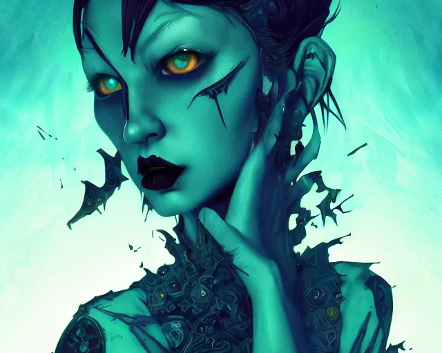 Image similar to funny blue and green eyes goth dark queen of the vampire council, intricate abstract. intricate artwork, by tooth wu, wlop, beeple, dan mumford. concept art, octane render, trending on artstation, greg rutkowski very coherent symmetrical artwork. cinematic, key art, hyper realism, high detail, octane render, 8 k, iridescent accents