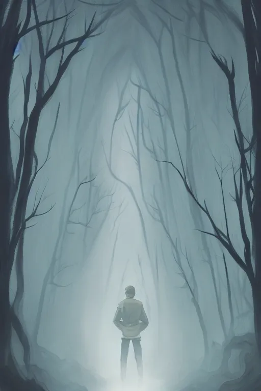 Image similar to concept art painting of a guy with huge white wings standing in a dark forest, moody vibe, moody lighting, sunbeams, artgerm, moebius, inio asano, toon shading, cel shading, calm, tranquil, vaporwave colors,