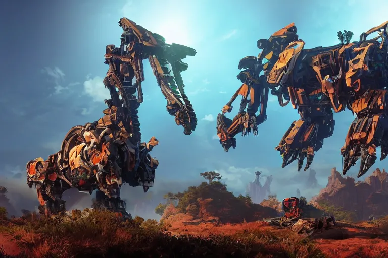 Image similar to rockbreaker machine mecha animal beast robot of horizon forbidden west horizon zero dawn bioluminiscence global illumination ray tracing hdr fanart arstation by sung choi and eric pfeiffer and gabriel garza and casper konefal