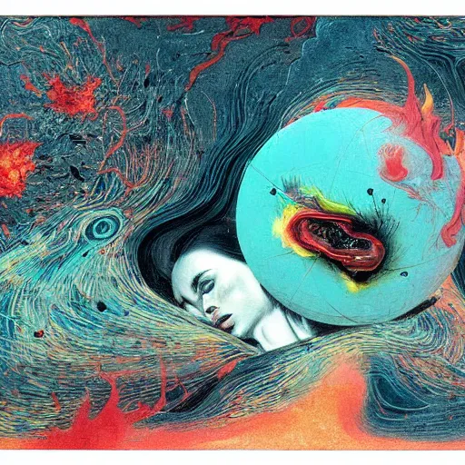 Image similar to a sphere being devoured by abstract splatters of paint in the style of francis bacon, venus being engulfed in flames in the style of james jean, surreal, beksinski, high detailed