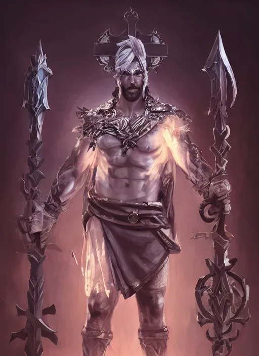 Image similar to a highly detailed illustration of sadistic white slick backed haired african warrior wearing priest robe with cross on chest, wielding blades made of blood, evil standing smiling pose, muscular, intricate, elegant, highly detailed, centered, digital painting, artstation, concept art, smooth, sharp focus, league of legends concept art, WLOP