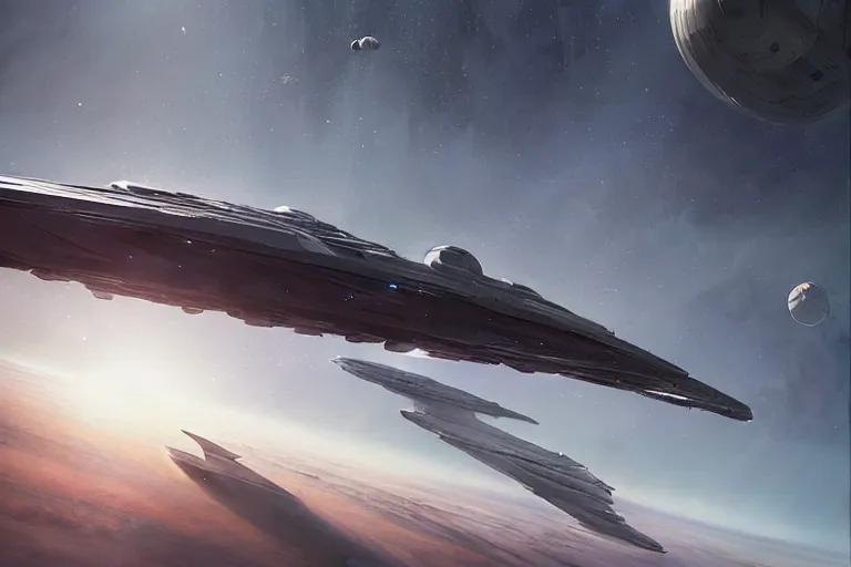 Image similar to hyper realistic sci - fi matte concept art painting of a starship above earth, beautiful details, strong composition painted by kim jung guweta studio rutkowski, james gurney and greg rutkowski, and lucasfilm, smooth, intricate, detailed, sharp focus, cinematic