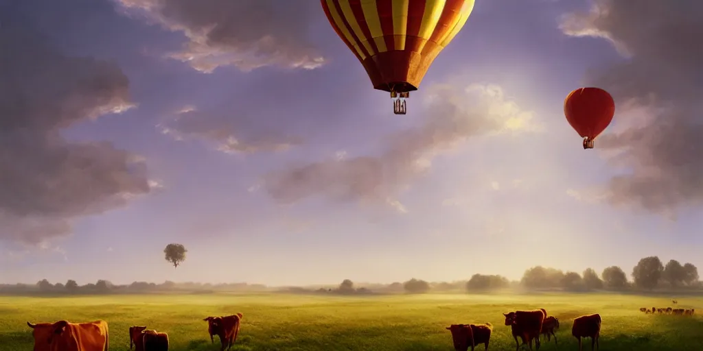 Image similar to a red hot air balloon flies above a field of cattle on a beautiful summer morning, English countryside, fields, cows, matte painting by Greg rutkowski, early morning light, trending on artstation, cinematic lighting, deviantart,