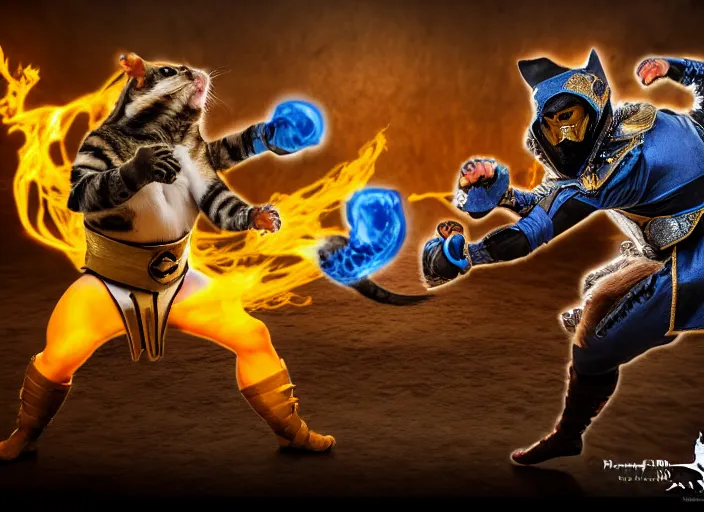 Image similar to hamster dressed as scorpion fights a cat dressed as sub zero in mortal kombat on the background of an ancient temple with a giant shao kahn laughing. fantasy magic style. highly detailed 8 k. intricate. lifelike. soft light. sony a 7 r iv 5 5 mm. cinematic post - processing