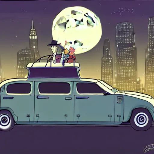 Prompt: a study of cell shaded cartoon limousine from howl's moving castle ( 2 0 0 4 ) on the streets of nyc, in front of a big moon, full body, wide shot, very muted colors, post grunge, studio ghibli, laurie greasley, highly detailed, deviantart, art by artgem