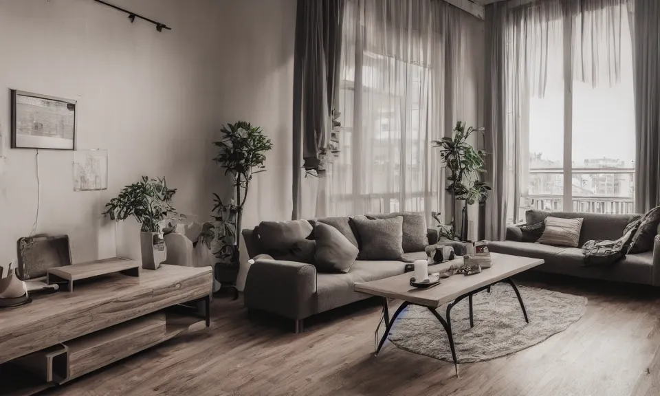 Prompt: interior shot of a beautiful apartment in a city, sofa and table, morning atmosphere, 4 k, highly detailed, hd
