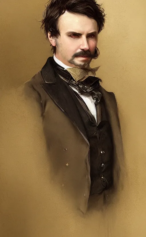 Prompt: Portrait of a victorian gentleman wearing a waistcoat, male, detailed face, victorian, highly detailed, cinematic lighting, digital art painting by greg rutkowski