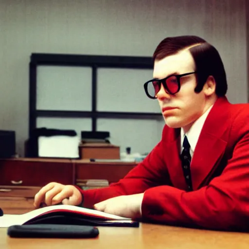 Prompt: portrait front view of a man in a red suit sitting at a desk, glasses with red lenses, pale skin, black hair, creepy atmosphere, background 1970s office, photograph by Wes Anderson, Kodak Ektra 22, depth of field