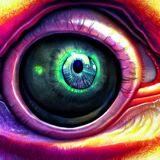 Image similar to photorealistic eye monster in the style of michael whelan. hyperdetailed photorealism, 1 0 8 megapixels, amazing depth, high resolution, 3 d shading, 3 d finalrender, 3 d cinematic lighting, glowing rich colors, psychedelic overtones, artstation concept art.