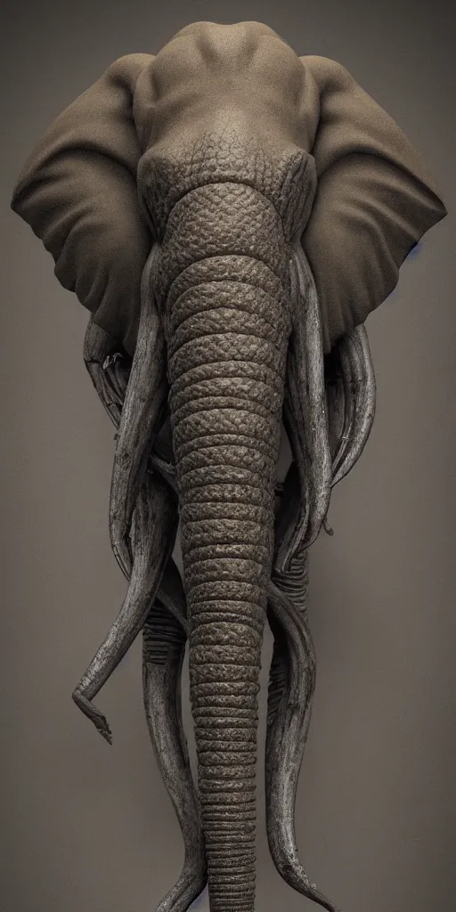 Prompt: an elephant designed by hr giger ( ( ( ( ( ( xenomorph ) ) ) ) ) ), allen design, concept design, creepy art, octane render, 8 k unreal engine, ominously mysterious and terrifying