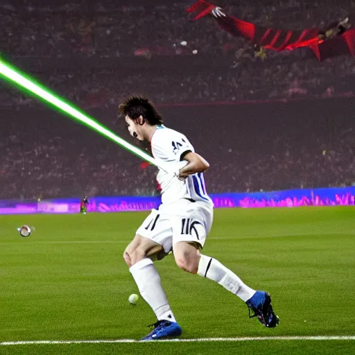 Prompt: a picture of messi shooting a laser beam