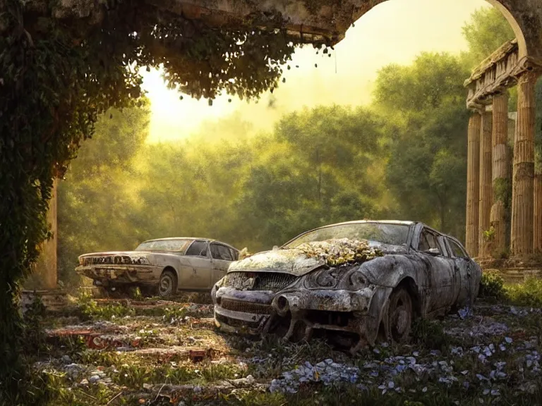 Image similar to a tree growing on a scrap car in ancient greek ruins, gray wasteland, many scrap cars, overgrown, pillars and arches, colorful flowers, vines, hyperrealistic, highly detailed, cinematic, ray of golden sunlight, beautiful, cgsociety, artstation, 8 k, oil painting by greg rutkowski, by artgerm, by wlop