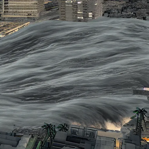 Image similar to 1 0 0 m high tsunami wave hits a city, highly detailed, 3 d octane render, epic lighting