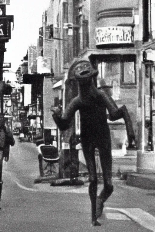 Image similar to still from vhs footage of cryptid walking down street