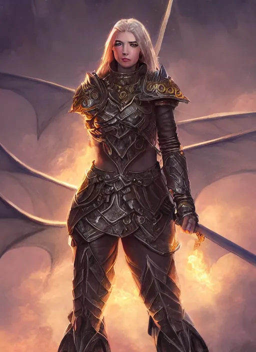 Prompt: a ruthless female paladin, full body, 8 k, hyperrealistic, dragon slayer, hyperdetailed, fantasy portrait by laura sava