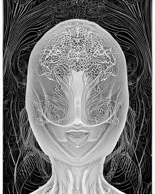 Image similar to mythical dreamy black and white organic bio - mechanical spinal ribbed profile face portrait detail of beautiful intricate monochrome angelic - human - queen - vegetal - cyborg, highly detailed, intricate translucent jellyfish ornate, poetic, translucent microchip ornate, artistic lithography