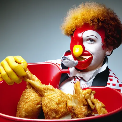 Prompt: Ronald McDonald eating a chicken leg out of a KFC bucket, hyper realistic, photography