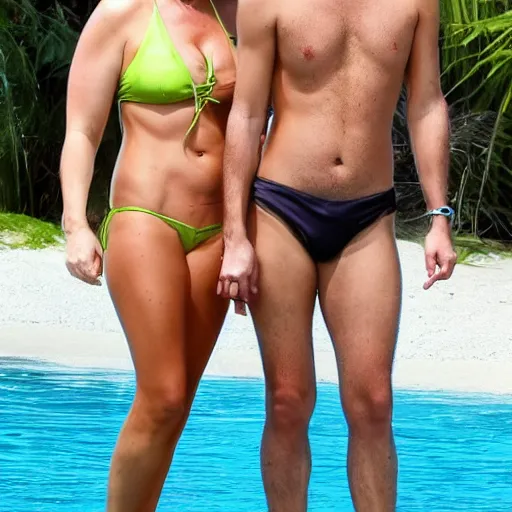 Prompt: photo of a 3 5 year old man that looks young for his age dating a very attractive 5 5 year old woman wearing with short blondish hair wearing a bikini.