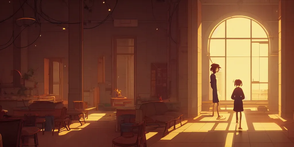 Image similar to arcade interior, lights, by cory loftis, makoto shinkai, hasui kawase, james gilleard, beautiful, serene, peaceful, lonely, golden curve composition