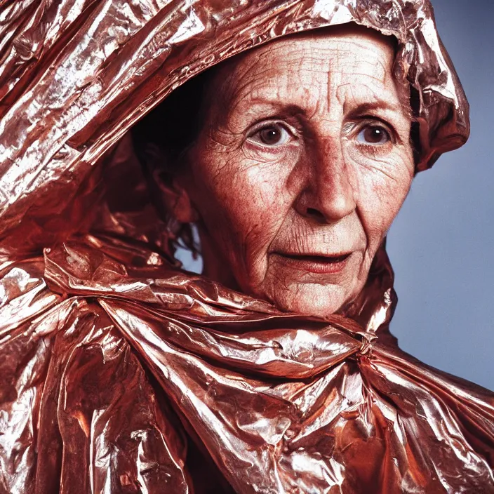 Image similar to closeup portrait of a woman wrapped in copper cellophane, standing in an abandoned factory, color photograph, by paula rego, canon eos c 3 0 0, ƒ 1. 8, 3 5 mm, 8 k, medium - format print