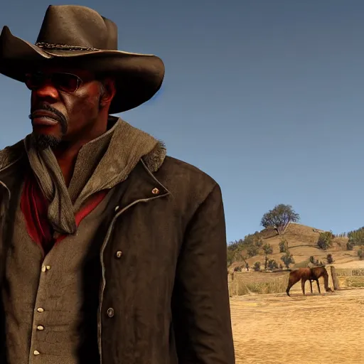 Image similar to film still of Sam Jackson in the Red Dead Redemption movie