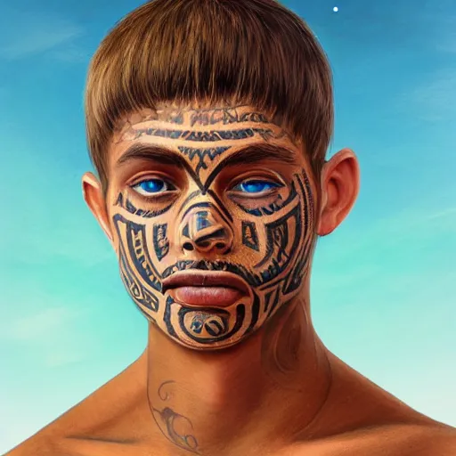 Image similar to a detailed portrait of a tan boy with a small face tattoo in the desert, fantasy art illustration, incredibly highly detailed and realistic, 8 k, sharp focus