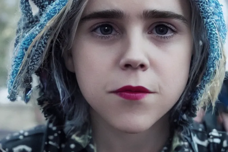 Image similar to promotional image of kiernan shipka as a punk in a new movie, detailed face, movie still frame, promotional image, imax 70 mm footage