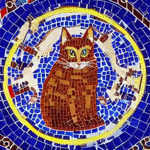 Prompt: a byzantine mosaic of a cute cat on a space station