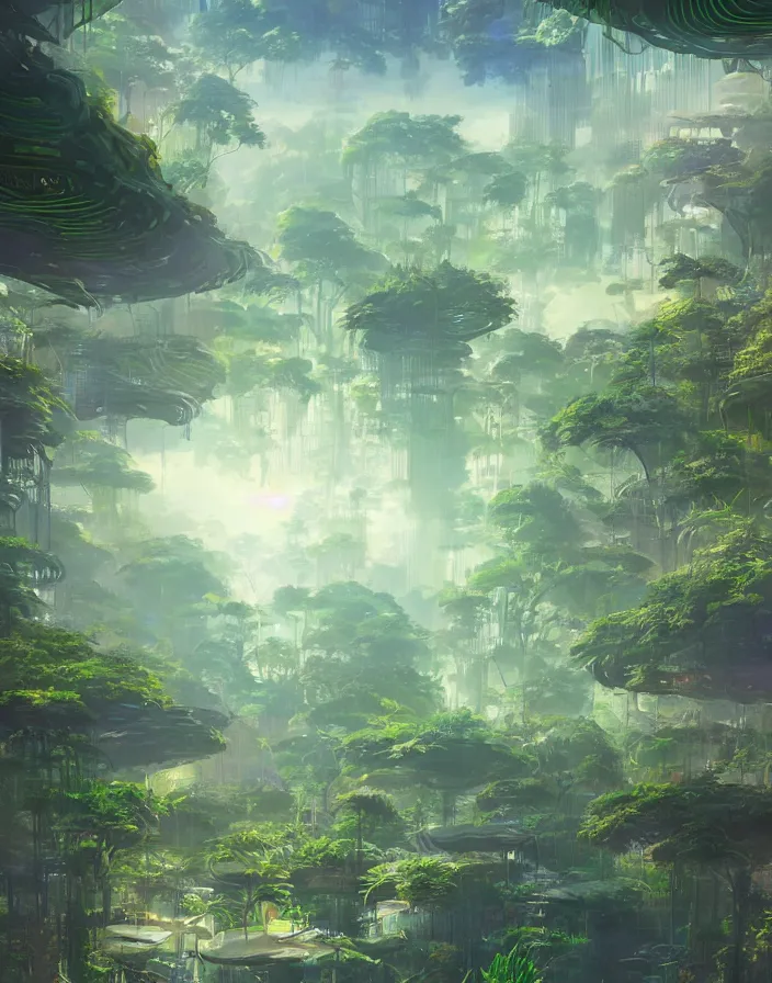 Image similar to surreal futuristic jungle oasis city, environment concept art, daytime ethereal anime, high detail Impressionist style, dreamy light color palette, style of studio ghibli and moebius, concept art stunning atmosphere, trending on artstation, volumetric light