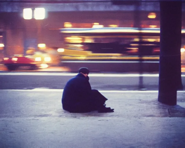 Prompt: a lomographic photo of russian lone man sitting in bus station at evening, cinestill, bokeh