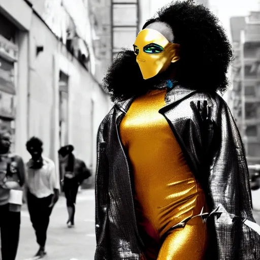 Image similar to afrofuturist woman in a crowded street wearing gold jewelry and a mask that covers the whole face, simple, cyberpunk, far shot, full body shot, 1970s X-Men art style