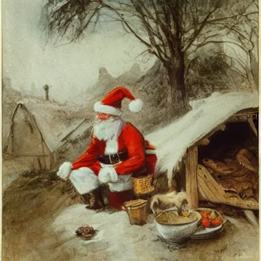 Image similar to a rabbit dressed as santa is eating porridge outside a cottage, in the style of anders zorn