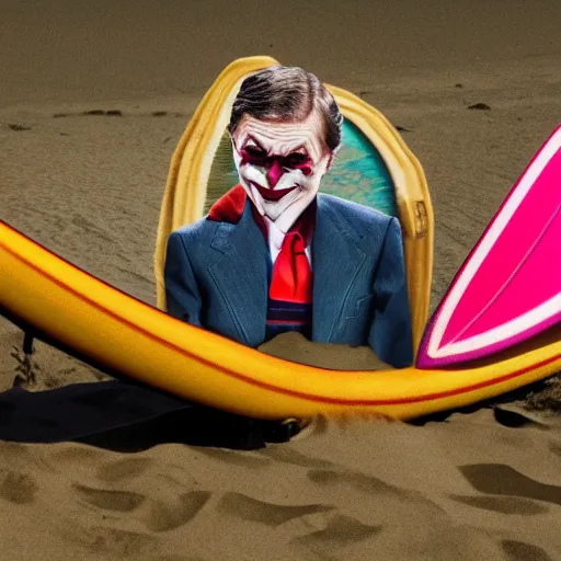 Prompt: surfing bill gates as mr. bean as the joker from batman, surfing still from batman vs bean at the beach, 2 0 2 0