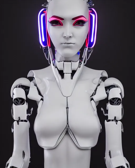 Prompt: 3 / 4 portrait photo of titillating female dancer as a cyberpunk mecha humanoid robotic head shoulder parts with straight bright led lights, inside white room, ultra - realistic and detailed, 8 k