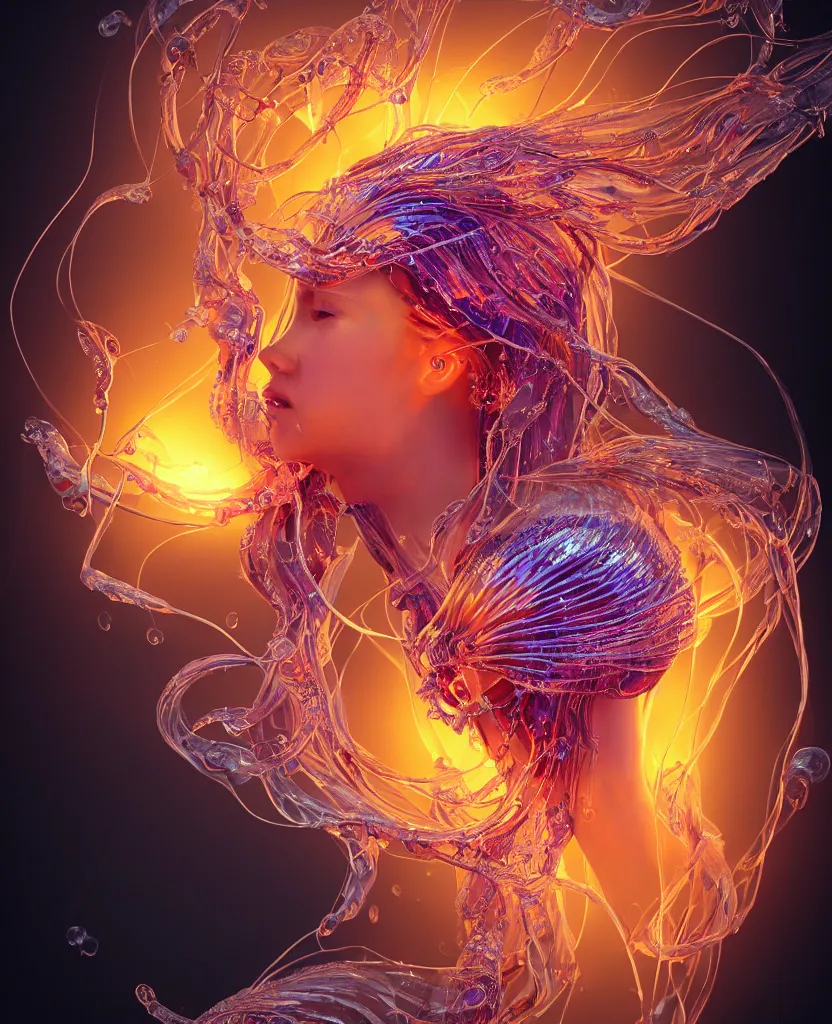 Image similar to close-up macro portrait of the face of a beautiful princess, epic angle and pose, symmetrical artwork, 3d with depth of field, blurred background, cybernetic jellyfish female face skull phoenix bird, translucent, nautilus, energy flows of water and fire. a highly detailed epic cinematic concept art CG render. made in Maya, Blender and Photoshop, octane render, excellent composition, cinematic dystopian brutalist atmosphere, dynamic dramatic cinematic lighting, aesthetic, very inspirational, arthouse. y Greg Rutkowski, Ilya Kuvshinov, WLOP, Stanley Artgerm Lau, Ruan Jia and Fenghua Zhong