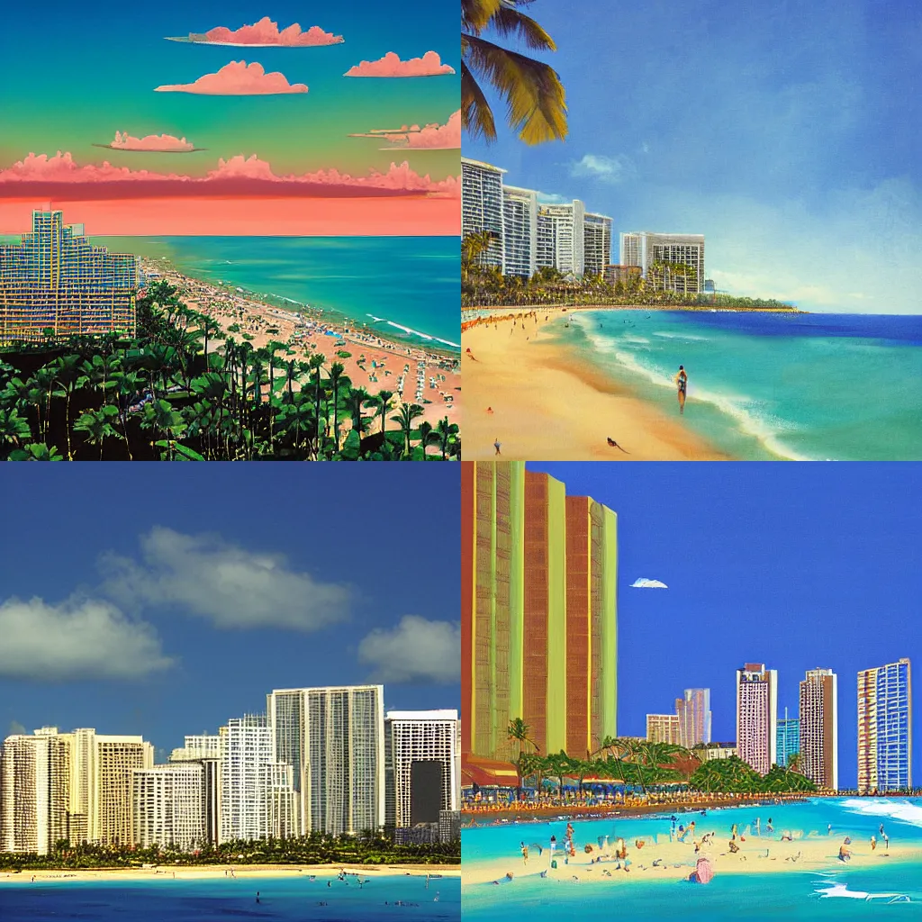 Prompt: Waikiki Beach skyline, by James Gilleard