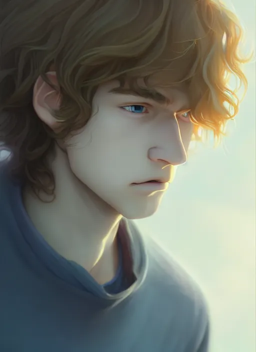 Image similar to young man with medium - length, curly, golden hair, perfectly proportioned face, aquamarine eyes, sorrow, natural lighting, path traced, highly detailed, high quality, cartoon, digital painting, by new haicheng and studio ghibli