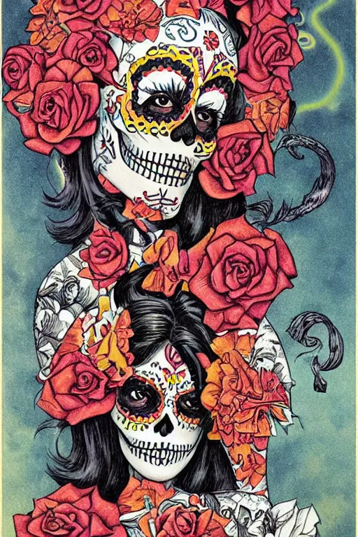 Image similar to Illustration of a sugar skull day of the dead girl, art by clyde caldwell