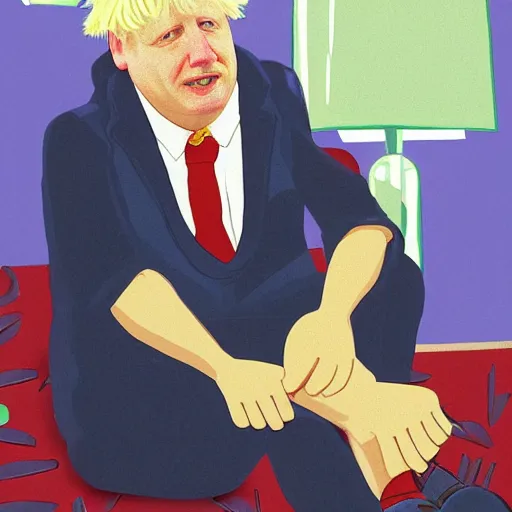 Image similar to Illustration of Boris Johnson, sat in a lounge on his own, wearing a birthday party hat and crying by Roger Dean