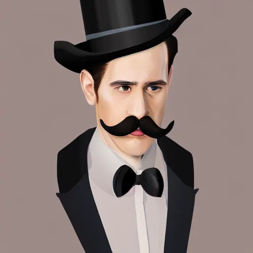 Prompt: Portrait of a man with brown hair and a brown mustache in black suit and black top hat, studio lighting, Sigma 85 mm f/1.4., digital painting, trending on artstation, sharp shadows