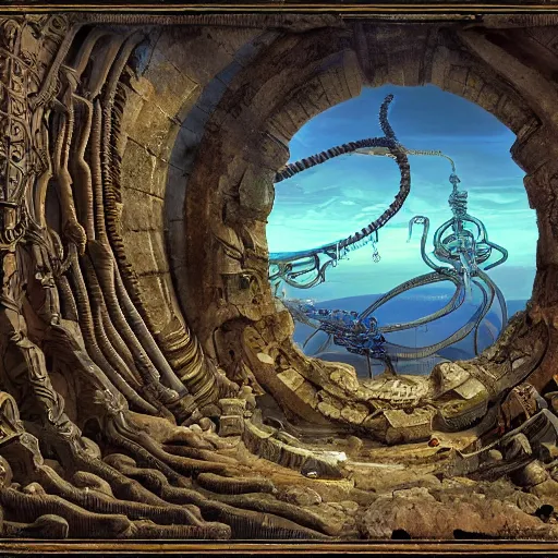 Image similar to photograph of a gigantic paleolothic torus made of stone with highly detailed carvings of intricate shamanic robotic electronics and circuitry, in a mediterranean lanscape, inside a valley overlooking the sea, in the style of andreas rocha