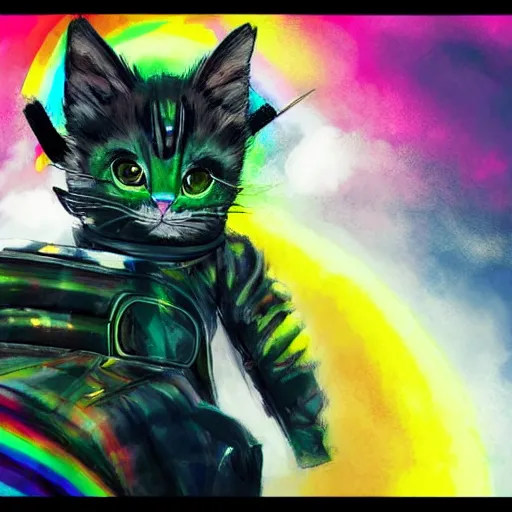 Image similar to wide angle full body, jacket wearing fluffy cute rainbow kitten wearing a black leather motorcycle jacket, riding on a motorcycle, cinematic concept art