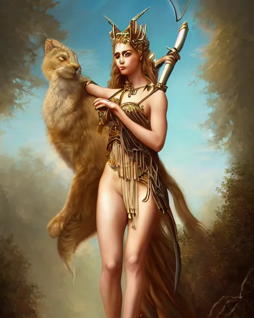 Prompt: A detailed painting of a full length portrait of Artemis, the Greek Goddess of the hunt, nature and birth. By Anne Stokes and Steve Argyle and Daniela Uhlig and Tom Bagshaw. Trending on Artstation, digital character painting.