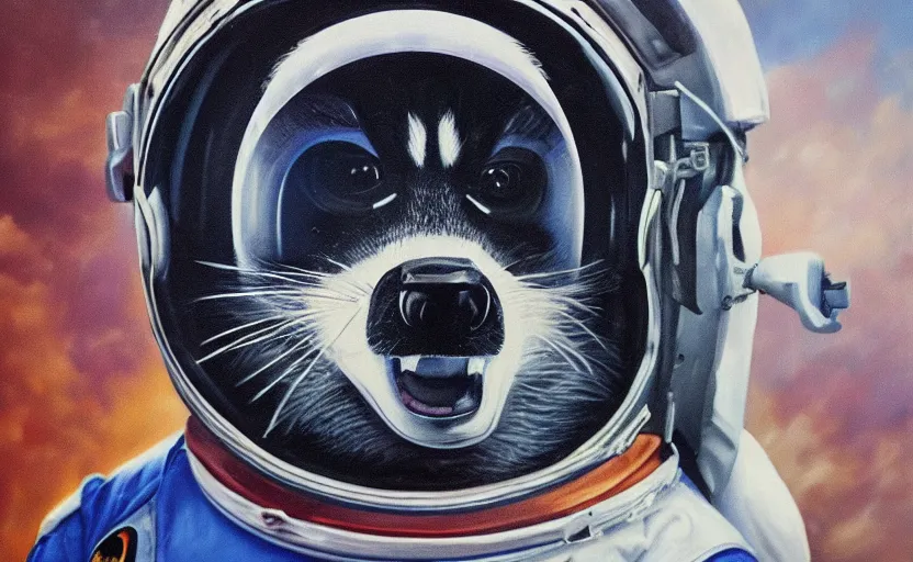 Image similar to oil painting of a racoon in a astronaut suit with helmet, 35mm, photo, Epic, cinematic, highly detailed and intricate