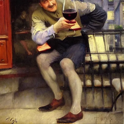 Prompt: painting by emile friant of spiderman drinking a glass of red wine in summertime outside a parisian cafe