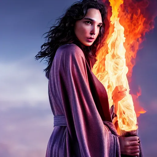 Prompt: gal gadot as a wizard with a robe casting fire spells, depth of field, zeiss lens, detailed, symmetrical, centered, fashion photoshoot, by Annie Leibovitz and Steve McCurry, David Lazar, Jimmy Nelsson, Breathtaking, 8k resolution, extremely detailed, beautiful, establishing shot, artistic, hyperrealistic, beautiful face, octane render