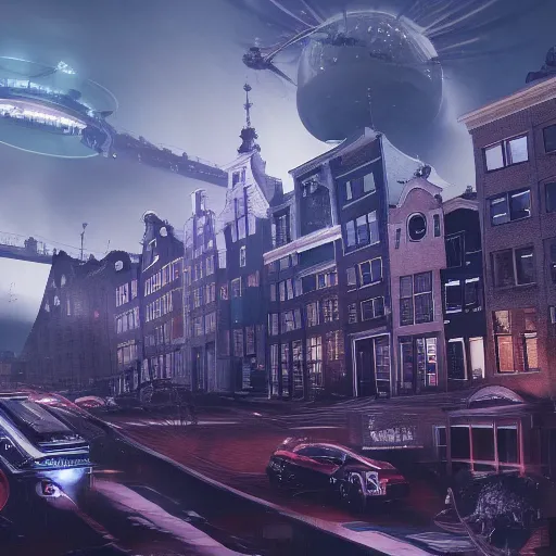 Prompt: Amsterdam during an alien invasion, hyperdetailed, artstation, cgsociety, 8k