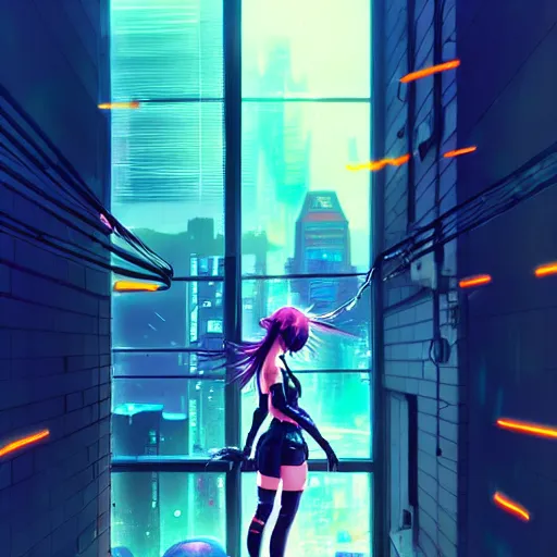 Image similar to cyberpunk anime art, refractions on lens, beautiful cyborg girl fighting a mech in the style of arcane, full round face, biomechanical details, full body shot, rain, wet street, window reflections, lens flare, wlop, ilya kuvshinov, artgerm, krenz cushart, greg rutkowski