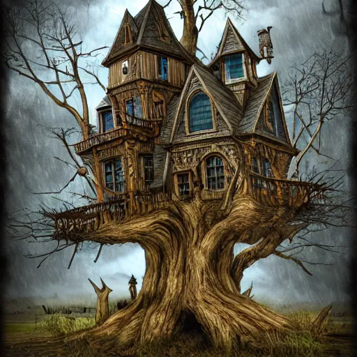 Prompt: lrge twisted and crooked gothic treehouse, highly detailed, artstation, high resolution, gothic, unnatural, gloomy